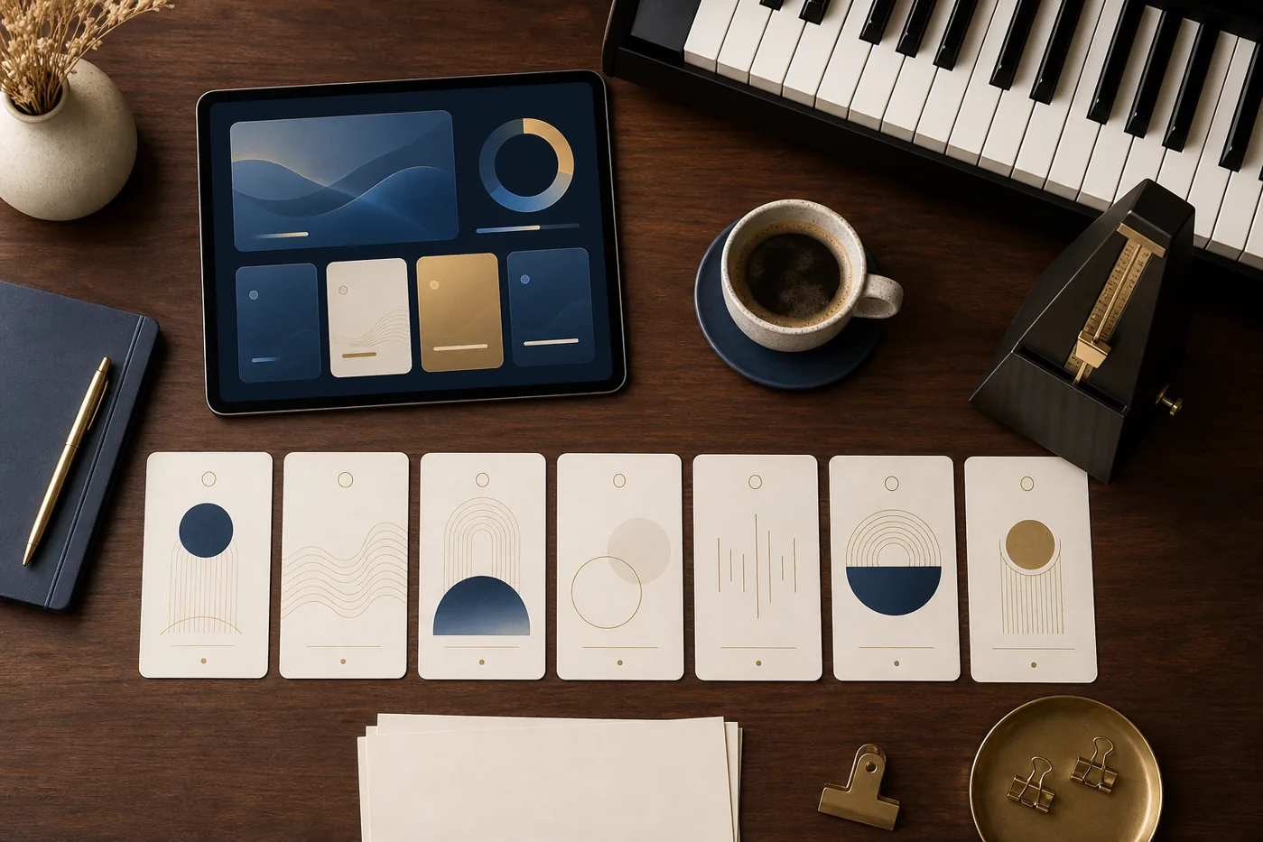 Calm piano practice desk with notebook and headphones