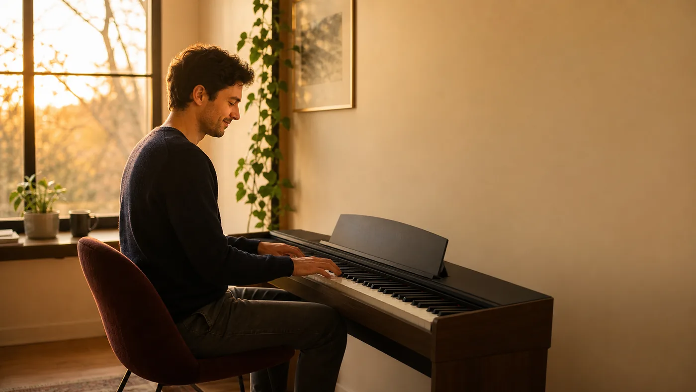 Adult piano learner enjoying a relaxed practice session by a window at golden hour