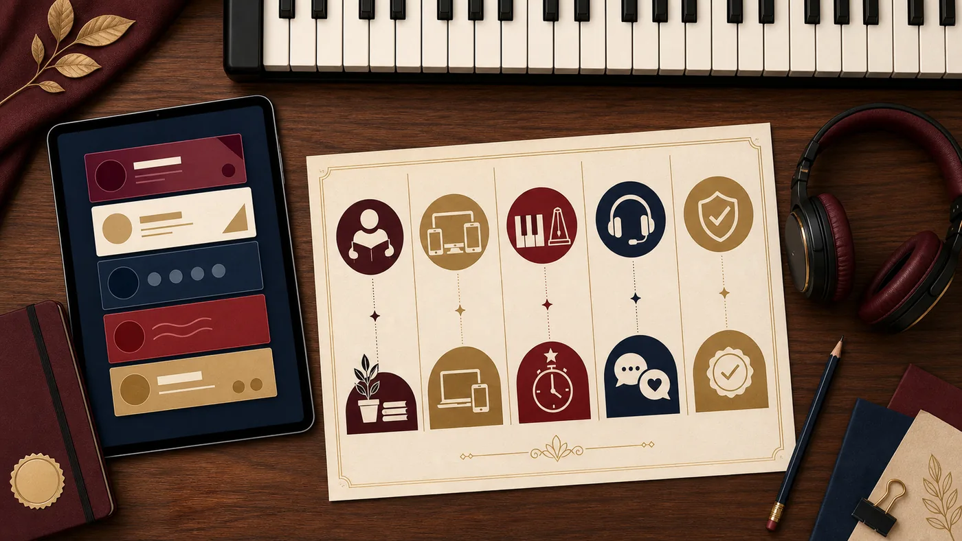 Piano course decision desk with keyboard, headphones, tablet and a visual buyer checklist