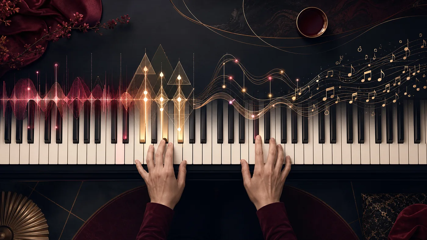 Concept illustration showing piano rhythm, chord shapes, melody and notation as a learning sequence