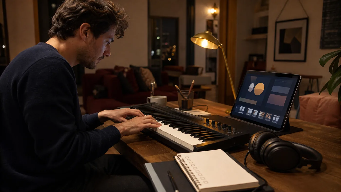 Busy adult using a keyboard, tablet and notebook during a focused evening piano practice session